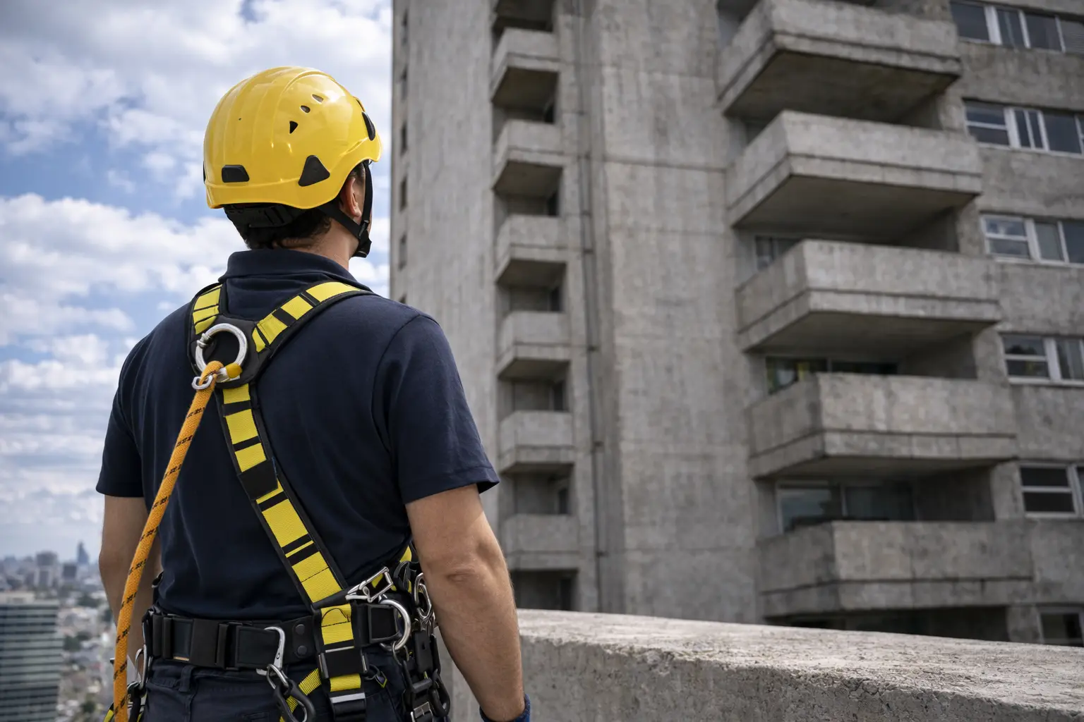 Técnico evaluando una fachada antes de iniciar el trabajo